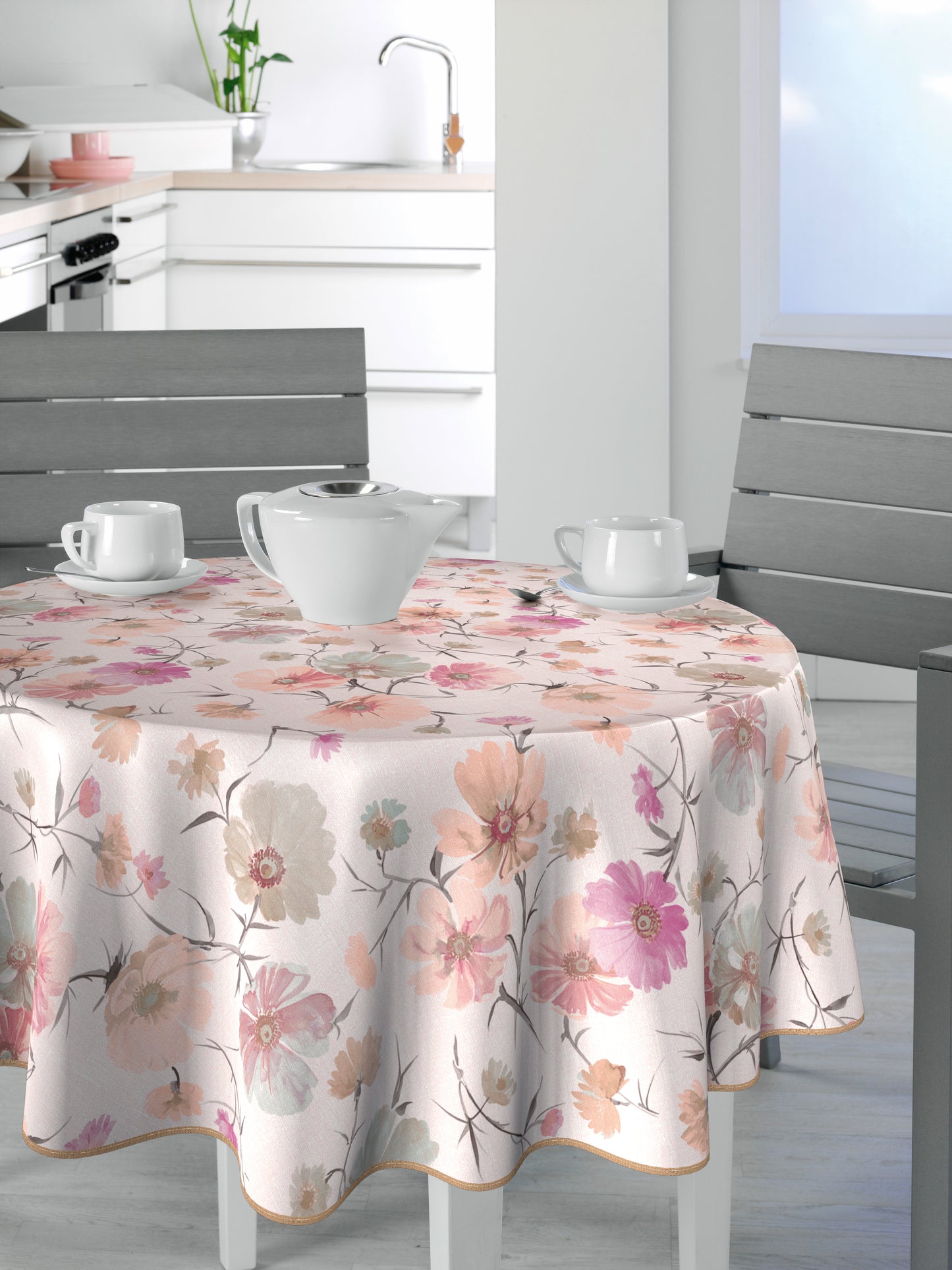 BONITA - Tafelzeil - 160 cm rond - E44/02 - Roze - Bloem - Met bies